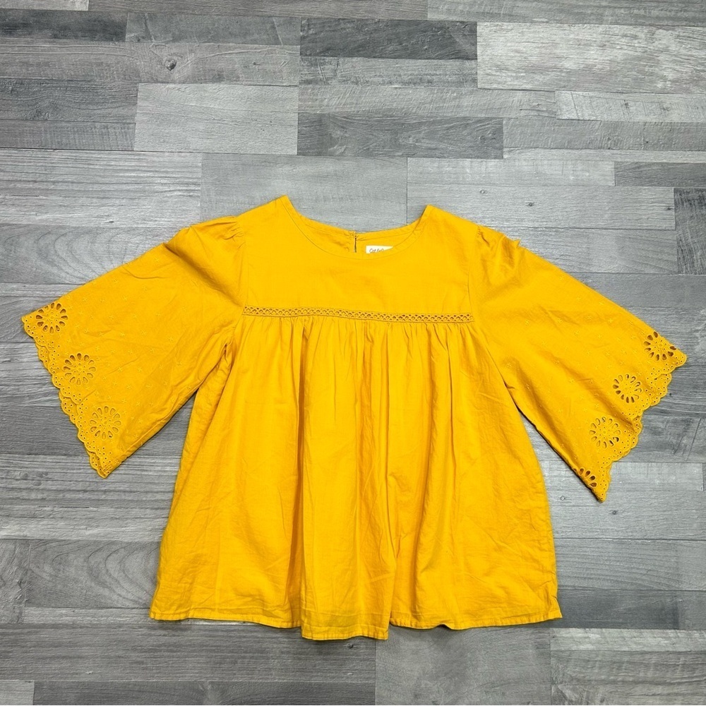 Cat & Jack Girls Mustard Yellow Eyelet Blouse Top L